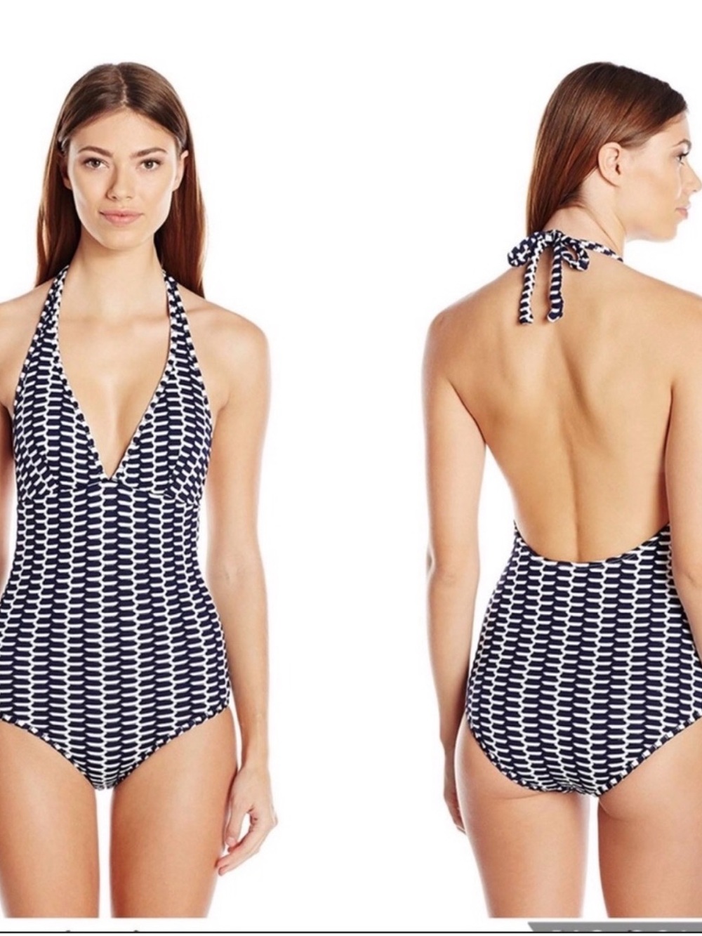 Shoshanna Navy and White Halter One-Piece Swimsuit